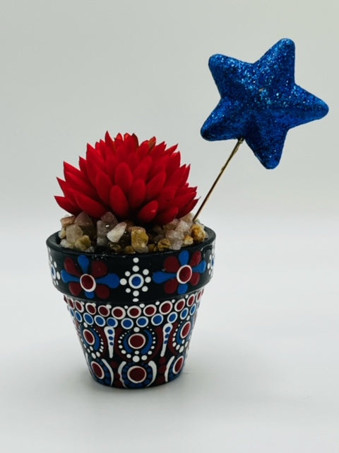 BLUE STAR: MINI Hand-Painted Terracotta Pot w/faux Succulents